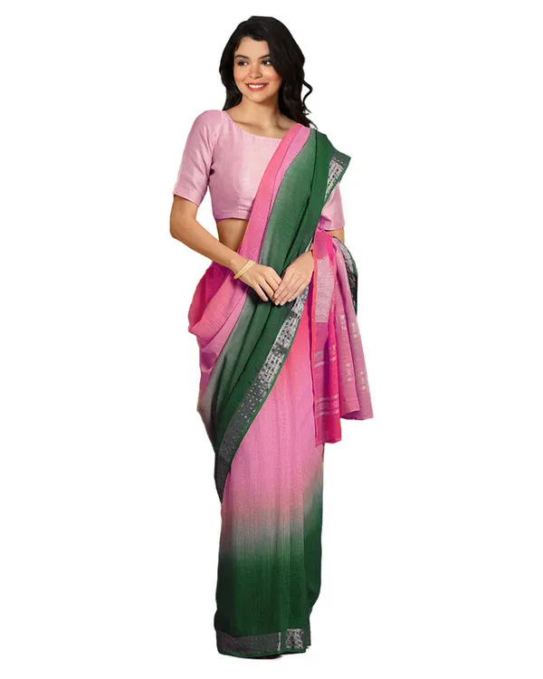 Brilliant_Pink_&_Dark_Spring_Green_women's_Bhagalpuri_Handloom_Linen_Cotton_Blend_Two_Dye_Saree_With_Running_Unstitched_Blouse_Piece