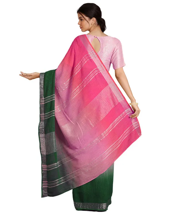 Brilliant_Pink_&_Dark_Spring_Green_women's_Bhagalpuri_Handloom_Linen_Cotton_Blend_Two_Dye_Saree_With_Running_Unstitched_Blouse_Piece