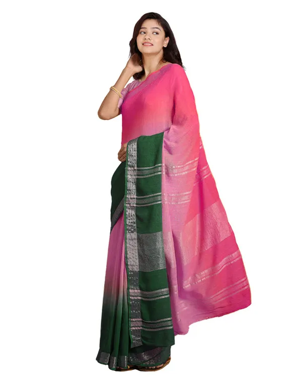 Brilliant_Pink_&_Dark_Spring_Green_women's_Bhagalpuri_Handloom_Linen_Cotton_Blend_Two_Dye_Saree_With_Running_Unstitched_Blouse_Piece