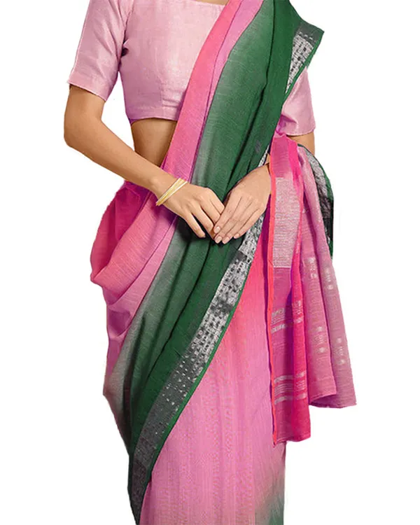 Brilliant_Pink_&_Dark_Spring_Green_women's_Bhagalpuri_Handloom_Linen_Cotton_Blend_Two_Dye_Saree_With_Running_Unstitched_Blouse_Piece