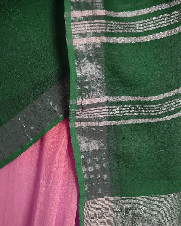 Brilliant_Pink_&_Dark_Spring_Green_women's_Bhagalpuri_Handloom_Linen_Cotton_Blend_Two_Dye_Saree_With_Running_Unstitched_Blouse_Piece