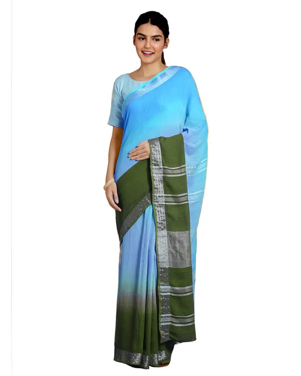 Capri_Cyan_&_Moss_Green_women's_Bhagalpuri_Handloom_Linen_Cotton_Blend_Two_Dye_Saree_With_Running_Unstitched_Blouse_Piece