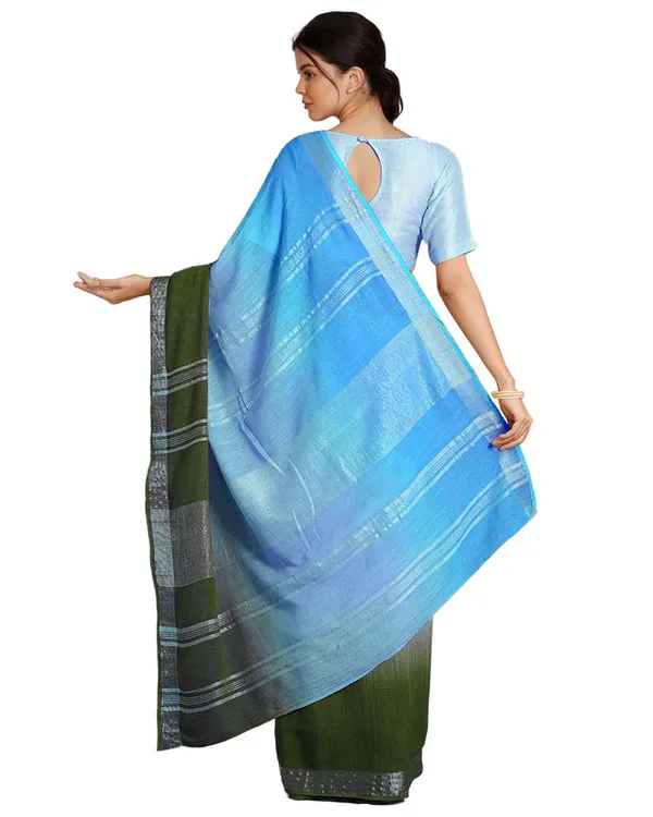 Capri_Cyan_&_Moss_Green_women's_Bhagalpuri_Handloom_Linen_Cotton_Blend_Two_Dye_Saree_With_Running_Unstitched_Blouse_Piece