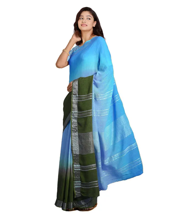 Capri_Cyan_&_Moss_Green_women's_Bhagalpuri_Handloom_Linen_Cotton_Blend_Two_Dye_Saree_With_Running_Unstitched_Blouse_Piece