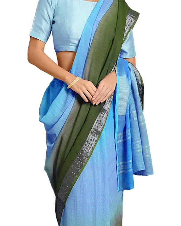 Capri_Cyan_&_Moss_Green_women's_Bhagalpuri_Handloom_Linen_Cotton_Blend_Two_Dye_Saree_With_Running_Unstitched_Blouse_Piece
