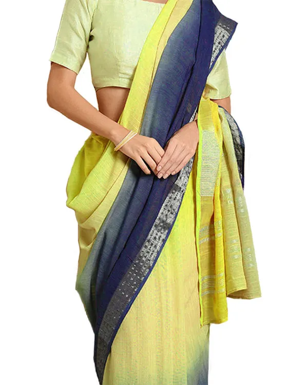 Chartreuse_Yellow_&_Federal_Blue_women's_Bhagalpuri_Handloom_Linen_Cotton_Blend_Two_Dye_Saree_With_Running_Unstitched_Blouse_Piece