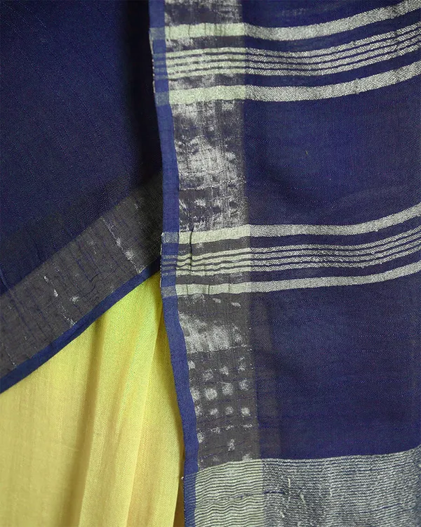Chartreuse_Yellow_&_Federal_Blue_women's_Bhagalpuri_Handloom_Linen_Cotton_Blend_Two_Dye_Saree_With_Running_Unstitched_Blouse_Piece