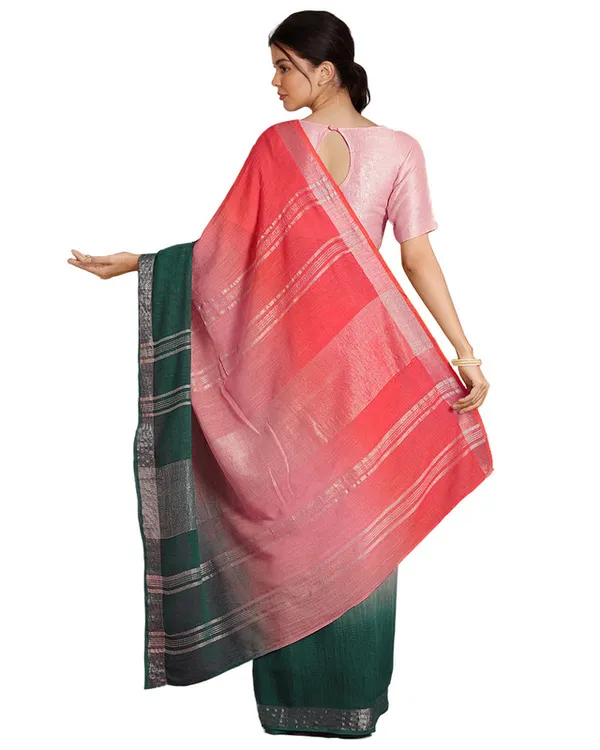 Coral_Pink_&_Pine_Green_women's_Bhagalpuri_Handloom_Linen_Cotton_Blend_Two_Dye_Saree_With_Running_Unstitched_Blouse_Piece