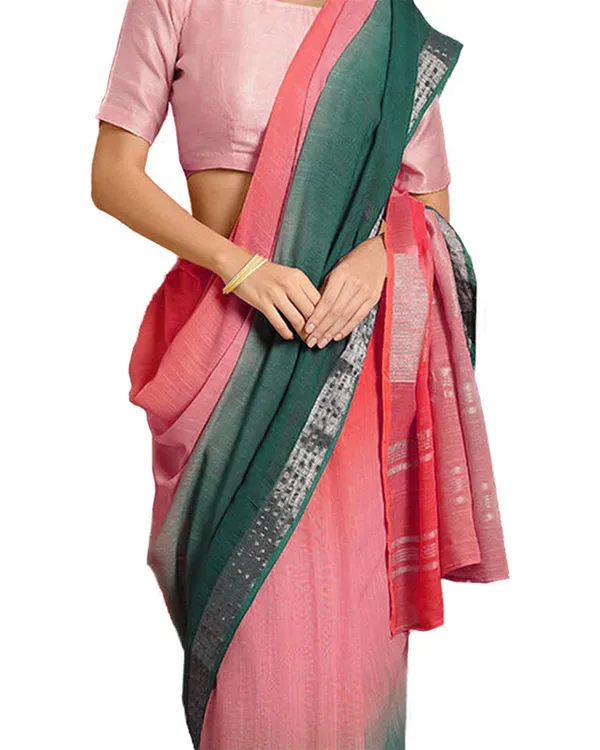 Coral_Pink_&_Pine_Green_women's_Bhagalpuri_Handloom_Linen_Cotton_Blend_Two_Dye_Saree_With_Running_Unstitched_Blouse_Piece