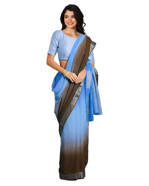 Cyan_&_Coffee_Brown_women's_Bhagalpuri_Handloom_Linen_Cotton_Blend_Two_Dye_Saree_With_Running_Unstitched_Blouse_Piece