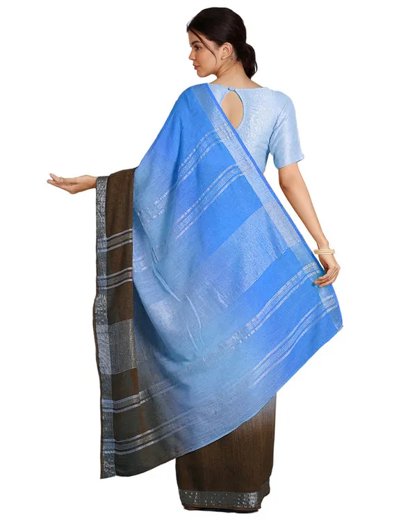 Cyan_&_Coffee_Brown_women's_Bhagalpuri_Handloom_Linen_Cotton_Blend_Two_Dye_Saree_With_Running_Unstitched_Blouse_Piece