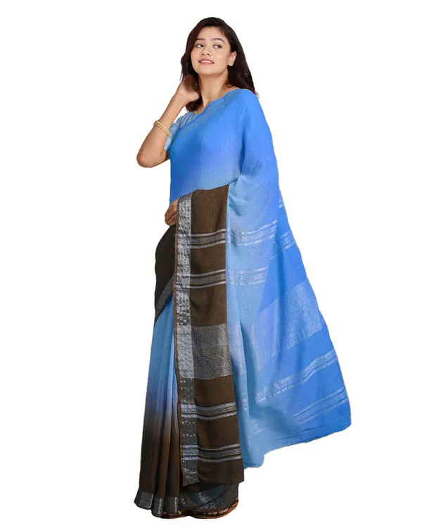 Cyan_&_Coffee_Brown_women's_Bhagalpuri_Handloom_Linen_Cotton_Blend_Two_Dye_Saree_With_Running_Unstitched_Blouse_Piece
