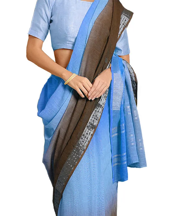 Cyan_&_Coffee_Brown_women's_Bhagalpuri_Handloom_Linen_Cotton_Blend_Two_Dye_Saree_With_Running_Unstitched_Blouse_Piece