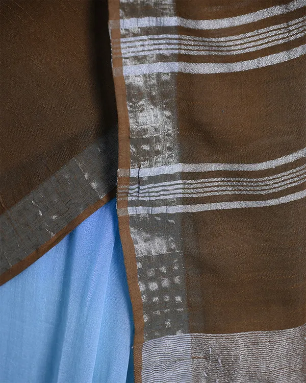 Cyan_&_Coffee_Brown_women's_Bhagalpuri_Handloom_Linen_Cotton_Blend_Two_Dye_Saree_With_Running_Unstitched_Blouse_Piece