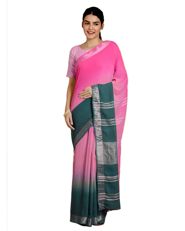 Hot_Pink_&_Midnight_Green_women's_Bhagalpuri_Handloom_Linen_Cotton_Blend_Two_Dye_Saree_With_Running_Unstitched_Blouse_Piece