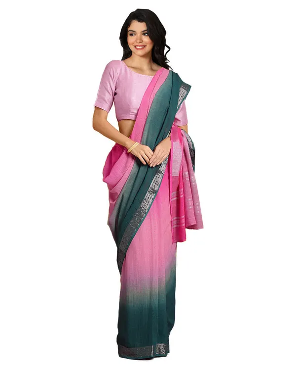Hot_Pink_&_Midnight_Green_women's_Bhagalpuri_Handloom_Linen_Cotton_Blend_Two_Dye_Saree_With_Running_Unstitched_Blouse_Piece
