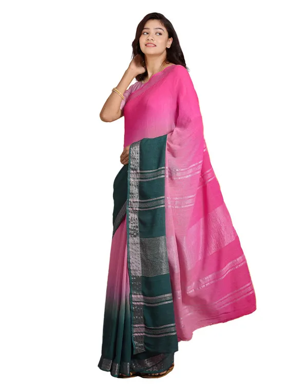Hot_Pink_&_Midnight_Green_women's_Bhagalpuri_Handloom_Linen_Cotton_Blend_Two_Dye_Saree_With_Running_Unstitched_Blouse_Piece