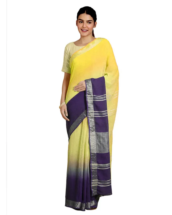 Lemon_Yellow_&_Dark_Purple_women's_Bhagalpuri_Handloom_Linen_Cotton_Blend_Two_Dye_Saree_With_Running_Unstitched_Blouse_Piece