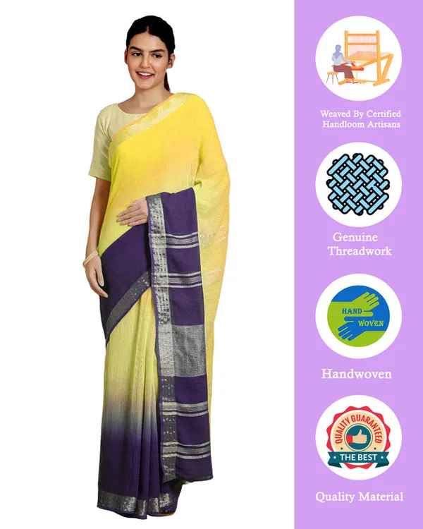 Lemon_Yellow_&_Dark_Purple_women's_Bhagalpuri_Handloom_Linen_Cotton_Blend_Two_Dye_Saree_With_Running_Unstitched_Blouse_Piece