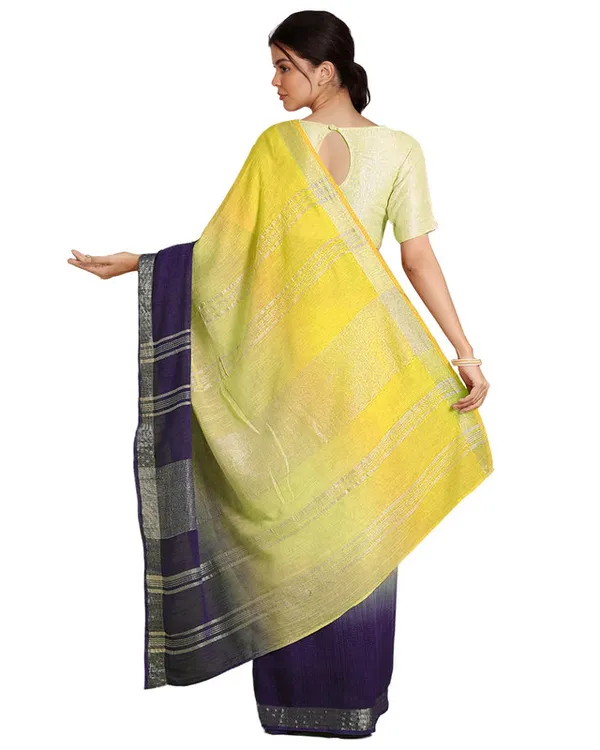 Lemon_Yellow_&_Dark_Purple_women's_Bhagalpuri_Handloom_Linen_Cotton_Blend_Two_Dye_Saree_With_Running_Unstitched_Blouse_Piece