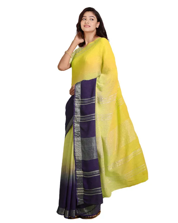 Lemon_Yellow_&_Dark_Purple_women's_Bhagalpuri_Handloom_Linen_Cotton_Blend_Two_Dye_Saree_With_Running_Unstitched_Blouse_Piece