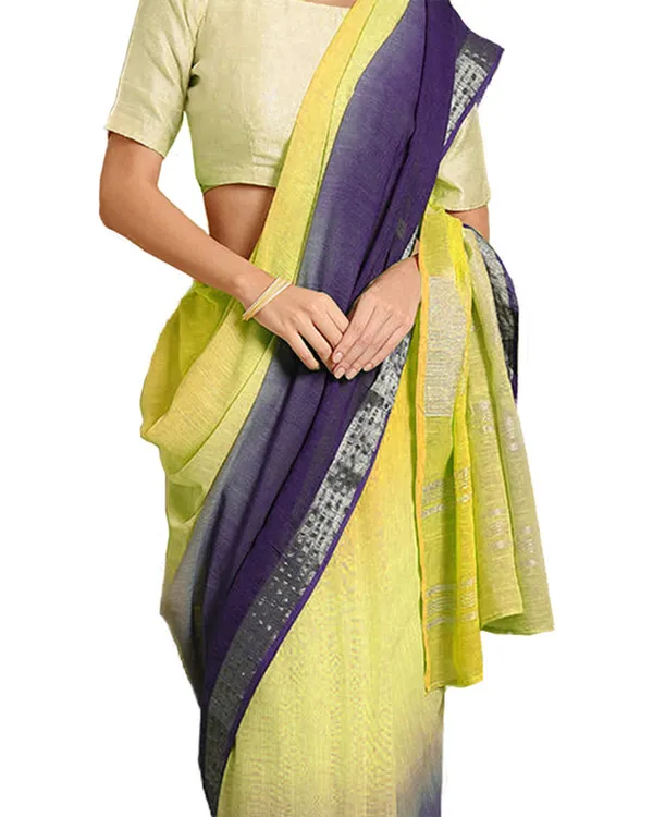 Lemon_Yellow_&_Dark_Purple_women's_Bhagalpuri_Handloom_Linen_Cotton_Blend_Two_Dye_Saree_With_Running_Unstitched_Blouse_Piece