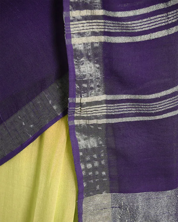Lemon_Yellow_&_Dark_Purple_women's_Bhagalpuri_Handloom_Linen_Cotton_Blend_Two_Dye_Saree_With_Running_Unstitched_Blouse_Piece