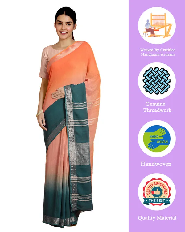 Mango_Orange_&_Teal_Green_women's_Bhagalpuri_Handloom_Linen_Cotton_Blend_Two_Dye_Saree_With_Running_Unstitched_Blouse_Piece