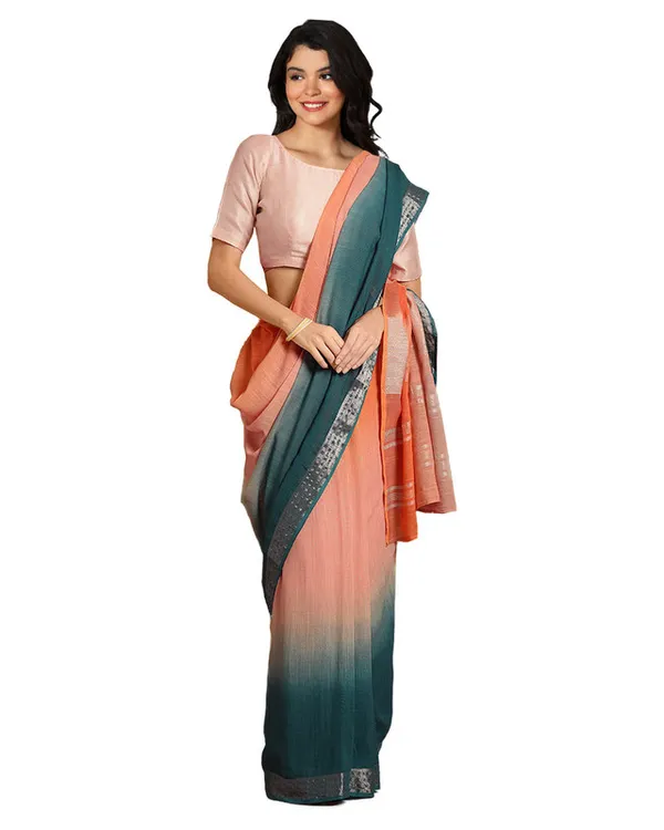 Mango_Orange_&_Teal_Green_women's_Bhagalpuri_Handloom_Linen_Cotton_Blend_Two_Dye_Saree_With_Running_Unstitched_Blouse_Piece
