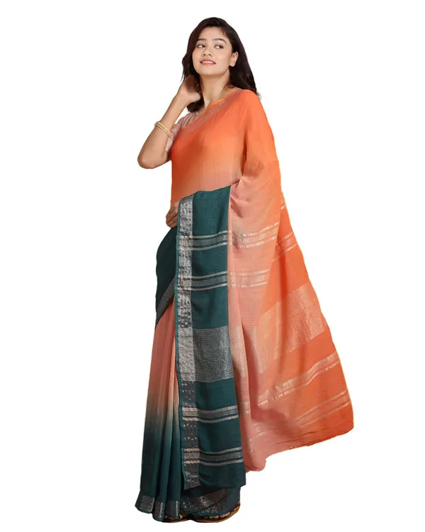 Mango_Orange_&_Teal_Green_women's_Bhagalpuri_Handloom_Linen_Cotton_Blend_Two_Dye_Saree_With_Running_Unstitched_Blouse_Piece