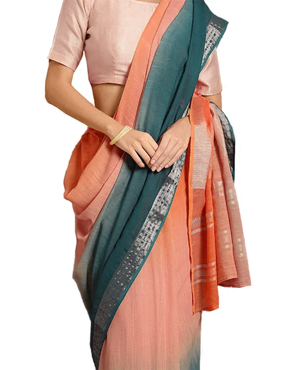 Mango_Orange_&_Teal_Green_women's_Bhagalpuri_Handloom_Linen_Cotton_Blend_Two_Dye_Saree_With_Running_Unstitched_Blouse_Piece