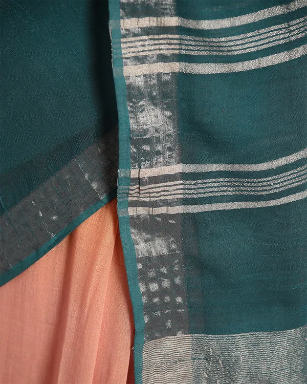 Mango_Orange_&_Teal_Green_women's_Bhagalpuri_Handloom_Linen_Cotton_Blend_Two_Dye_Saree_With_Running_Unstitched_Blouse_Piece