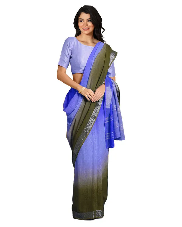 Neon_Blue_&_Brownish_Green_women's_Bhagalpuri_Handloom_Linen_Cotton_Blend_Two_Dye_Saree_With_Running_Unstitched_Blouse_Piece