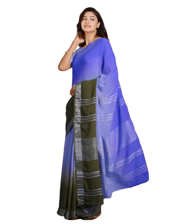 Neon_Blue_&_Brownish_Green_women's_Bhagalpuri_Handloom_Linen_Cotton_Blend_Two_Dye_Saree_With_Running_Unstitched_Blouse_Piece