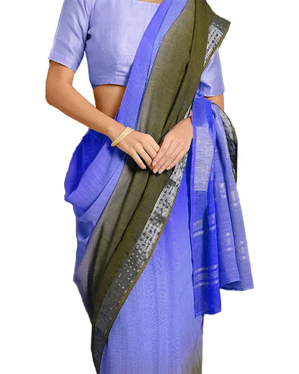 Neon_Blue_&_Brownish_Green_women's_Bhagalpuri_Handloom_Linen_Cotton_Blend_Two_Dye_Saree_With_Running_Unstitched_Blouse_Piece