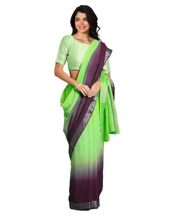 Neon_Green_&_Byzantium_Purple_women's_Bhagalpuri_Handloom_Linen_Slub_Blend_Two_Dye_Saree_With_Running_Unstitched_Blouse_Piece