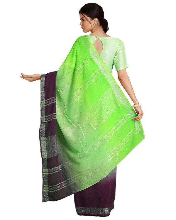 Neon_Green_&_Byzantium_Purple_women's_Bhagalpuri_Handloom_Linen_Slub_Blend_Two_Dye_Saree_With_Running_Unstitched_Blouse_Piece