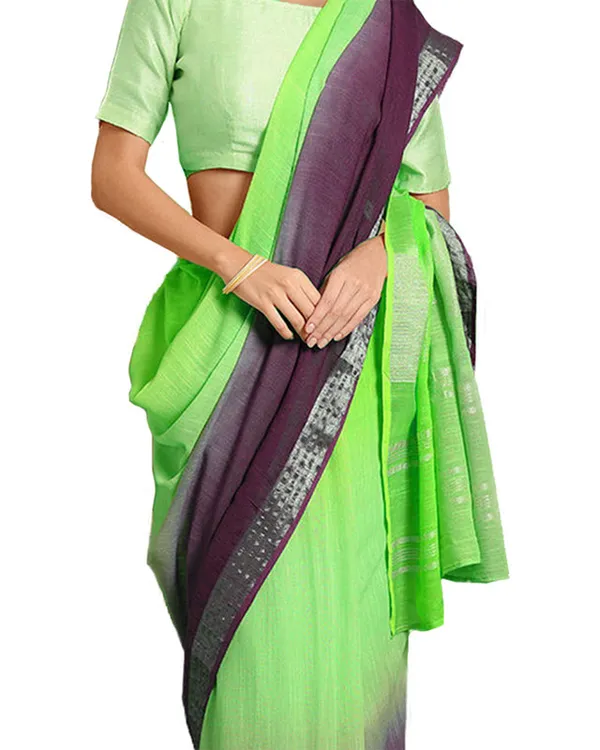 Neon_Green_&_Byzantium_Purple_women's_Bhagalpuri_Handloom_Linen_Slub_Blend_Two_Dye_Saree_With_Running_Unstitched_Blouse_Piece