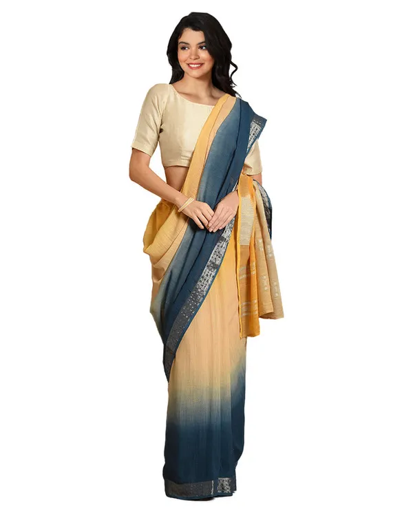 Sunglow_Yellow_&_Cerulean_Blue_women's_Bhagalpuri_Handloom_Linen_Slub_Blend_Two_Dye_Saree_With_Running_Unstitched_Blouse_Piece