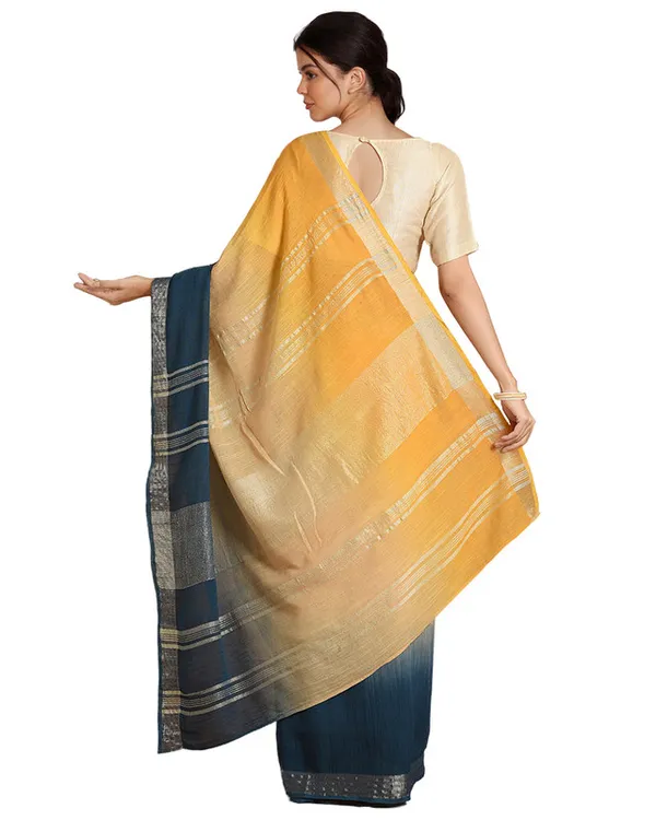 Sunglow_Yellow_&_Cerulean_Blue_women's_Bhagalpuri_Handloom_Linen_Slub_Blend_Two_Dye_Saree_With_Running_Unstitched_Blouse_Piece