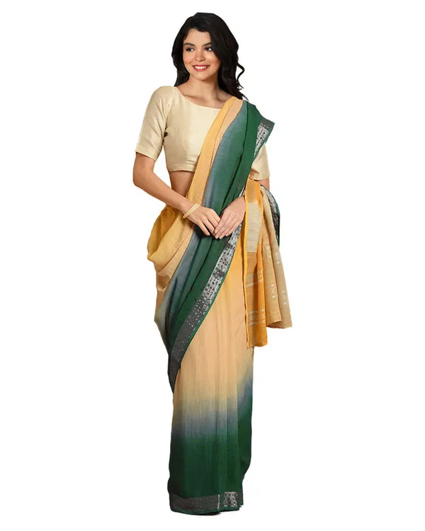 Sunglow_Yellow_&_Dark_Spring_Green_women's_Bhagalpuri_Handloom_Linen_Slub_Blend_Two_Dye_Saree_With_Running_Unstitched_Blouse_Piece