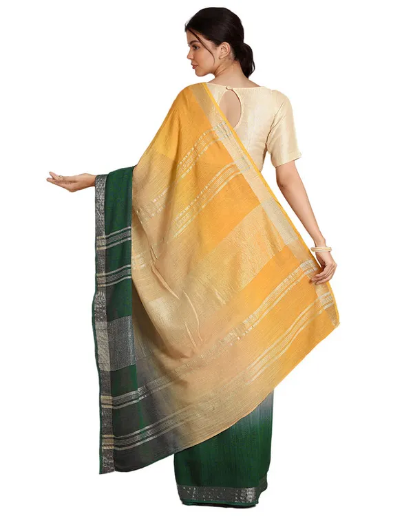 Sunglow_Yellow_&_Dark_Spring_Green_women's_Bhagalpuri_Handloom_Linen_Slub_Blend_Two_Dye_Saree_With_Running_Unstitched_Blouse_Piece