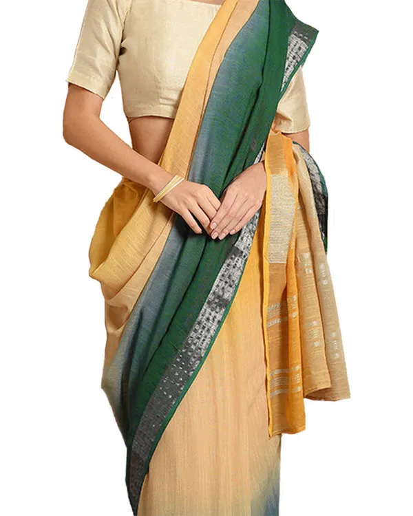 Sunglow_Yellow_&_Dark_Spring_Green_women's_Bhagalpuri_Handloom_Linen_Slub_Blend_Two_Dye_Saree_With_Running_Unstitched_Blouse_Piece