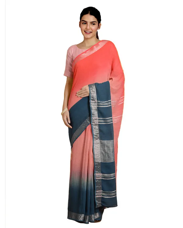 Flame_Orange_&_Cerulean_Blue_women's_Bhagalpuri_Handloom_Linen_Slub_Blend_Two_Dye_Saree_With_Running_Unstitched_Blouse_Piece
