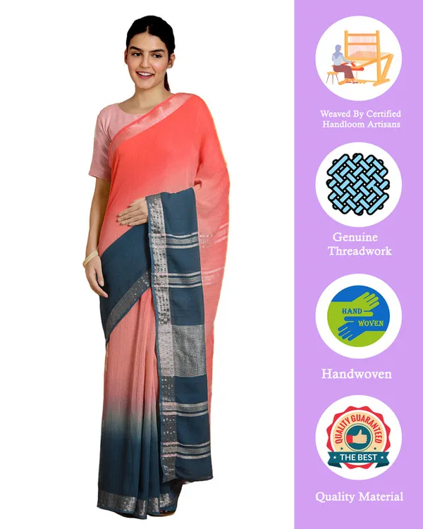 Flame_Orange_&_Cerulean_Blue_women's_Bhagalpuri_Handloom_Linen_Slub_Blend_Two_Dye_Saree_With_Running_Unstitched_Blouse_Piece