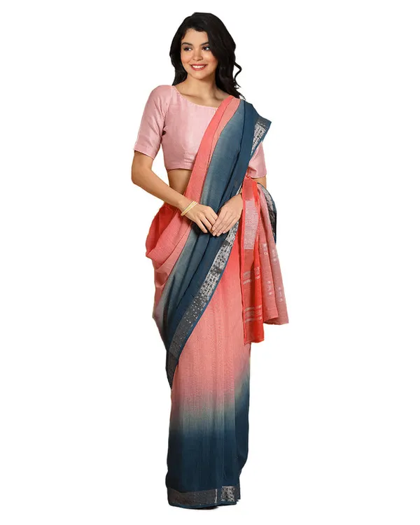 Flame_Orange_&_Cerulean_Blue_women's_Bhagalpuri_Handloom_Linen_Slub_Blend_Two_Dye_Saree_With_Running_Unstitched_Blouse_Piece