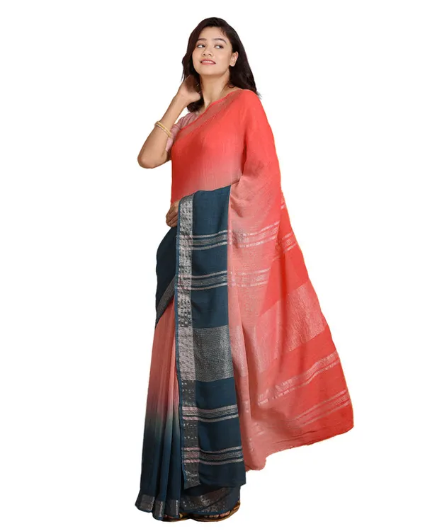 Flame_Orange_&_Cerulean_Blue_women's_Bhagalpuri_Handloom_Linen_Slub_Blend_Two_Dye_Saree_With_Running_Unstitched_Blouse_Piece