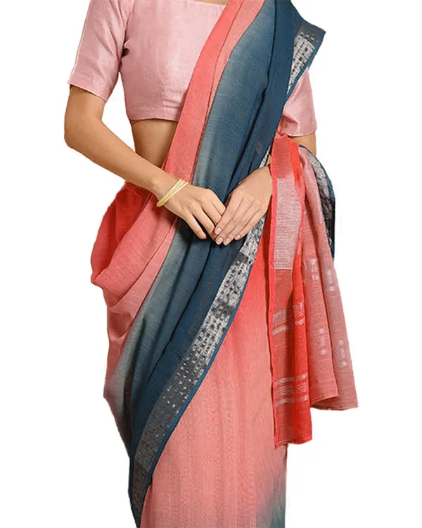 Flame_Orange_&_Cerulean_Blue_women's_Bhagalpuri_Handloom_Linen_Slub_Blend_Two_Dye_Saree_With_Running_Unstitched_Blouse_Piece