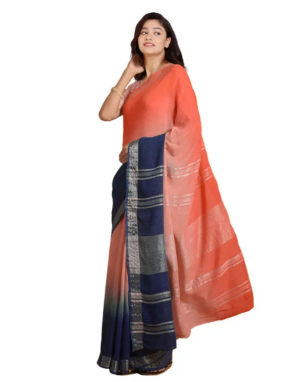 Bhagalpuri_Handloom_Linen_Slub_Blend_Two_Dye_Saree_With_Running_Unstitched_Blouse_Piece