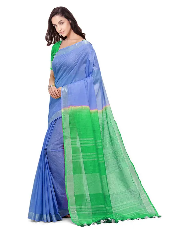 Cornflower_Blue_Honeydew_Green_women's_Bhagalpuri_Handloom_Ethnic_Wear_Linen_Two_Dye_Saree_With_Running_Unstitched_Blouse_Piece